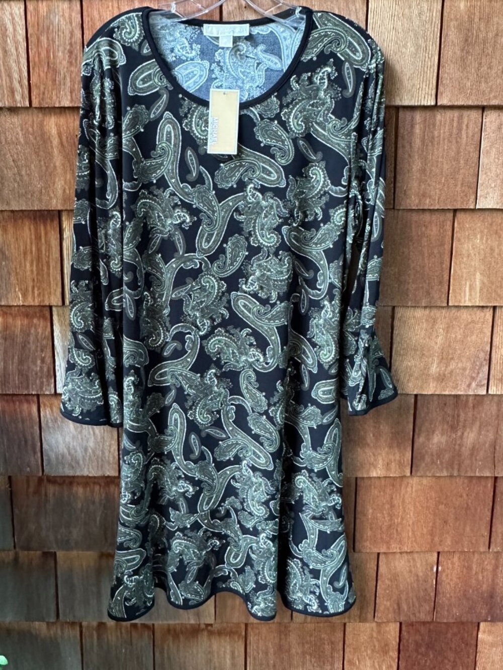NWT Michael Kors Long Sleeve Black Paisley Print Dress with Ruffle Detail - XL